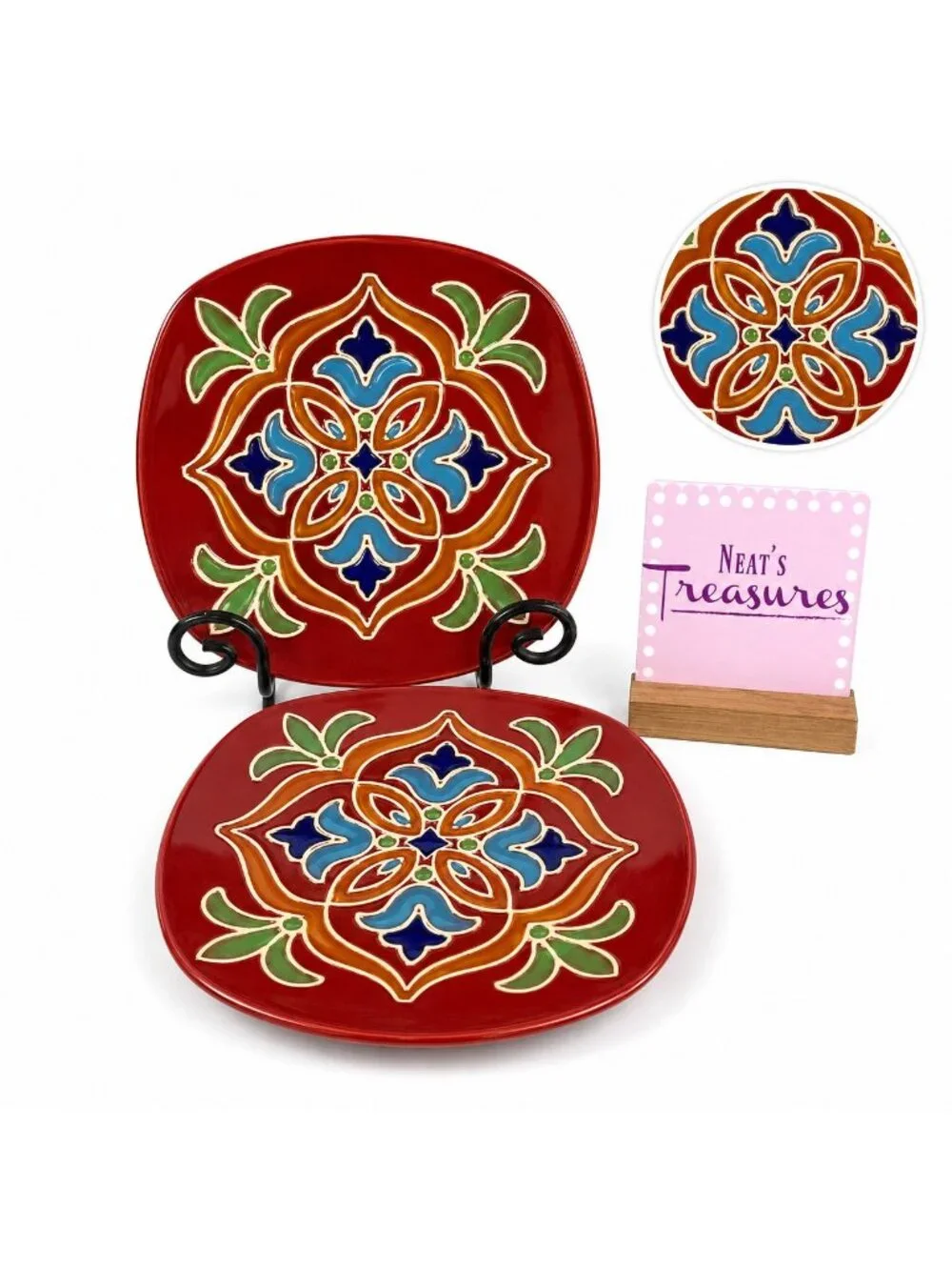 Better Homes & Gardens MEDALLION Floral Red Square Stoneware Lunch Plate Set 2